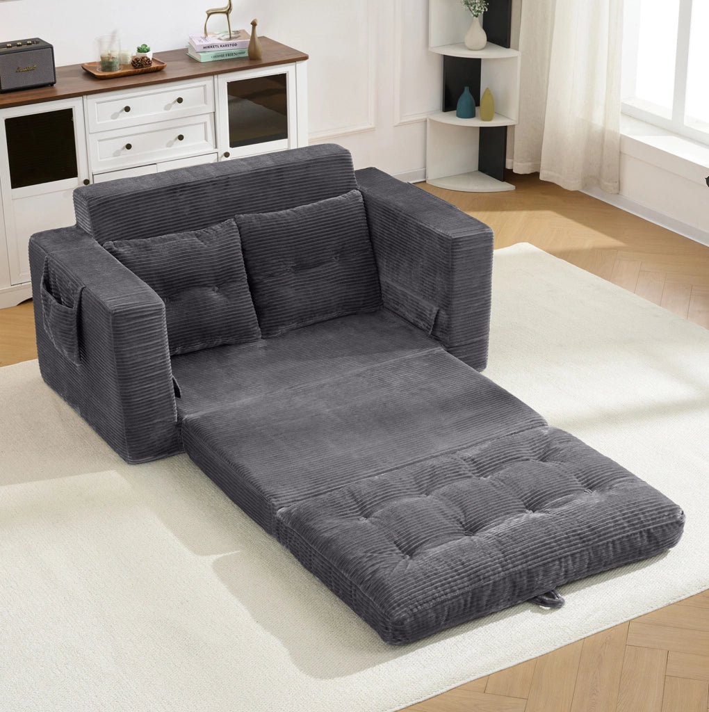 Divano due posti con braccioli larghi, tasche laterali e funzione letto, colore grigio