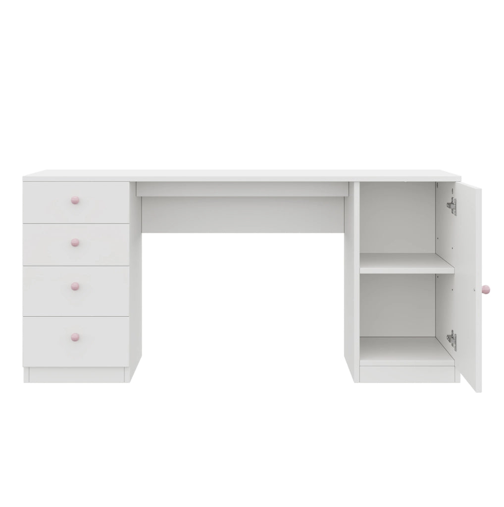 Scrivania per bambini bianca con 4 cassetti e maniglie in ceramica rosa, 155x45x74 cm