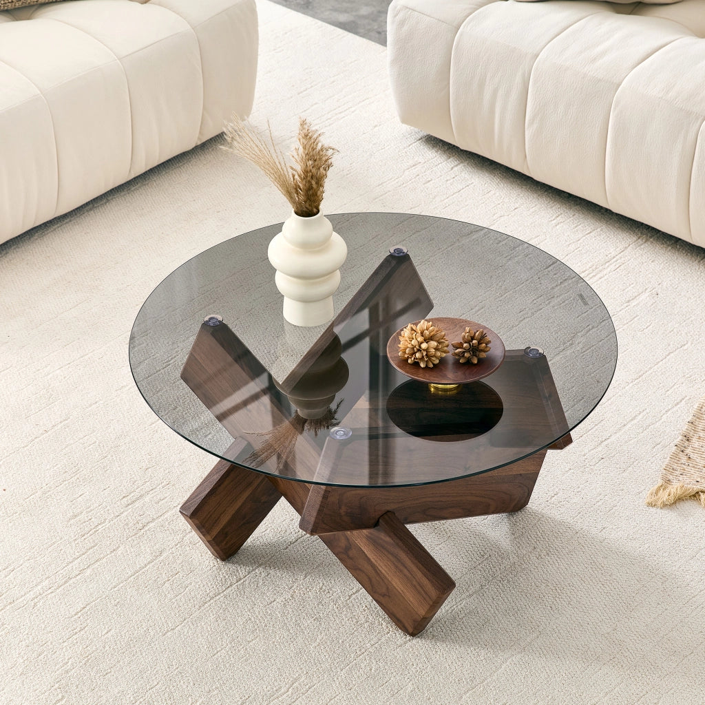 Tavolino basso fisso rotondo con piano in vetro temperato e base geometrica in MDF color noce
