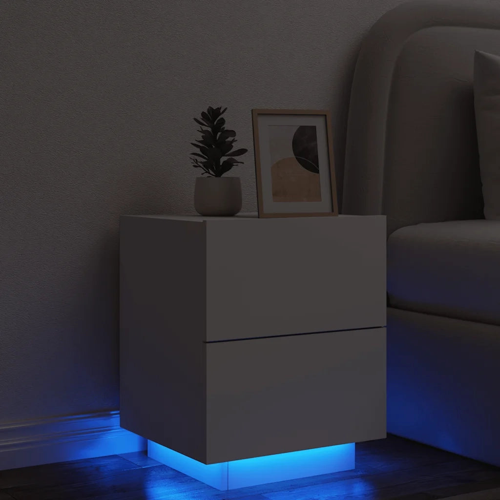 Comodino | Armadio da Notte | Mobiletto da notte con Luci LED Bianco in Legno Multistrato