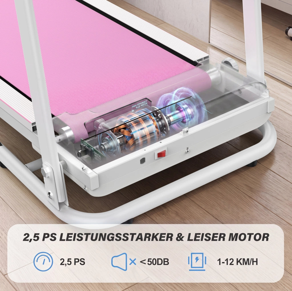 Tapis roulant pieghevole ULEVR con 3 programmi, display LED e ruote di trasporto, bianco e rosa