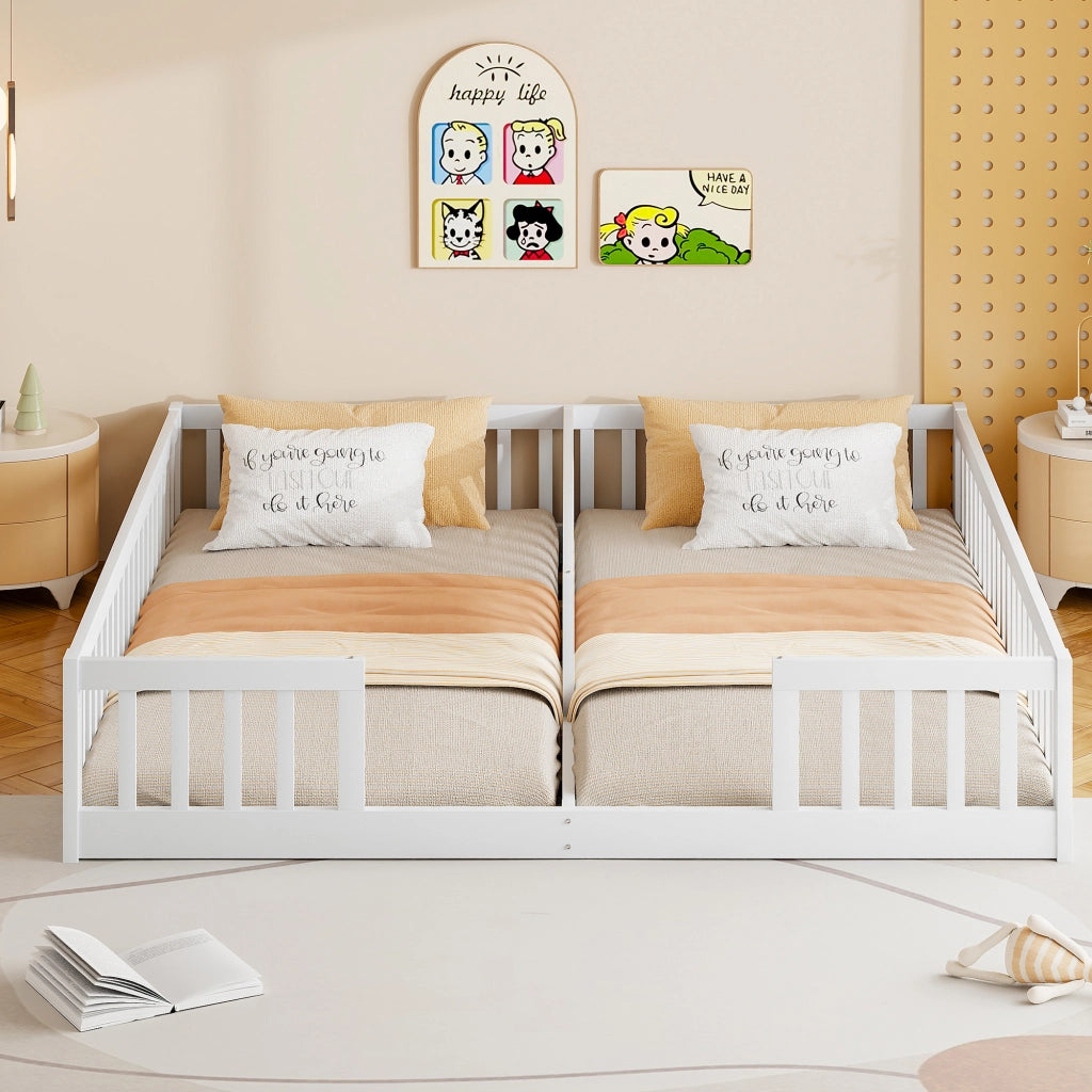 Letto per bambini doppio 90 × 200 cm con sponde di sicurezza in pino e MDF bianco senza rete né materassi