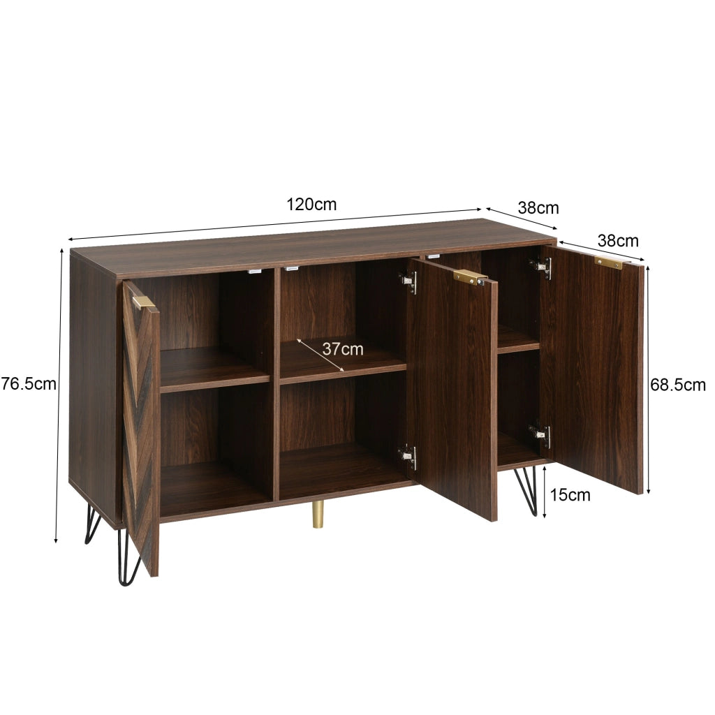 Credenza con 3 Ante e Ripiani; Maniglie Dorate; Stile Moderno; in Pannelli di Particelle; Naturale; 120¡Á38¡Á76;5 cm
