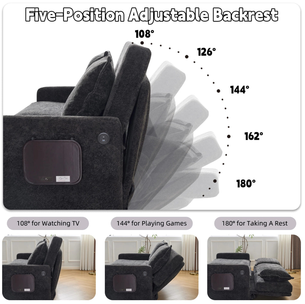 Divano letto pieghevole nero in chenille con schienale regolabile a 5 livelli e porta USB integrata