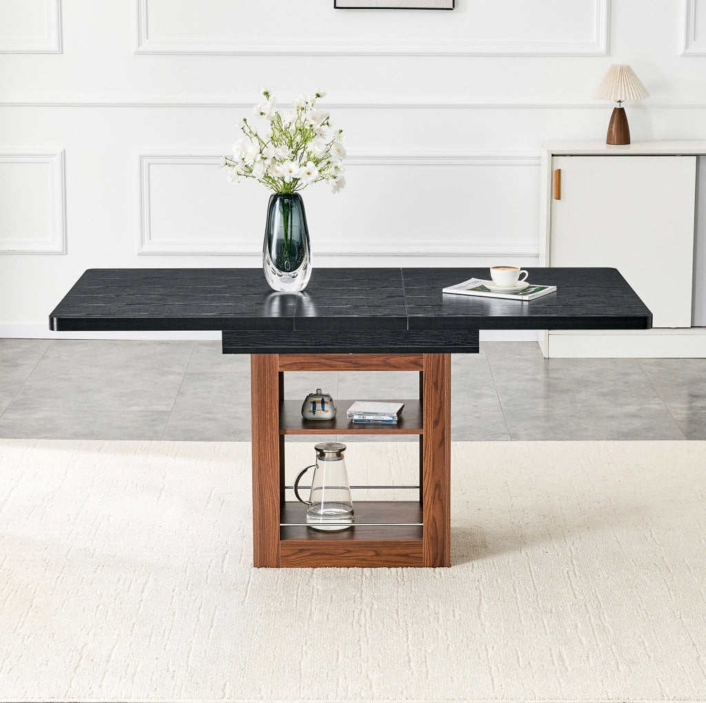 Tavolo da pranzo allungabile con ripiano, piano effetto legno nero, struttura color noce, 130-160 cm