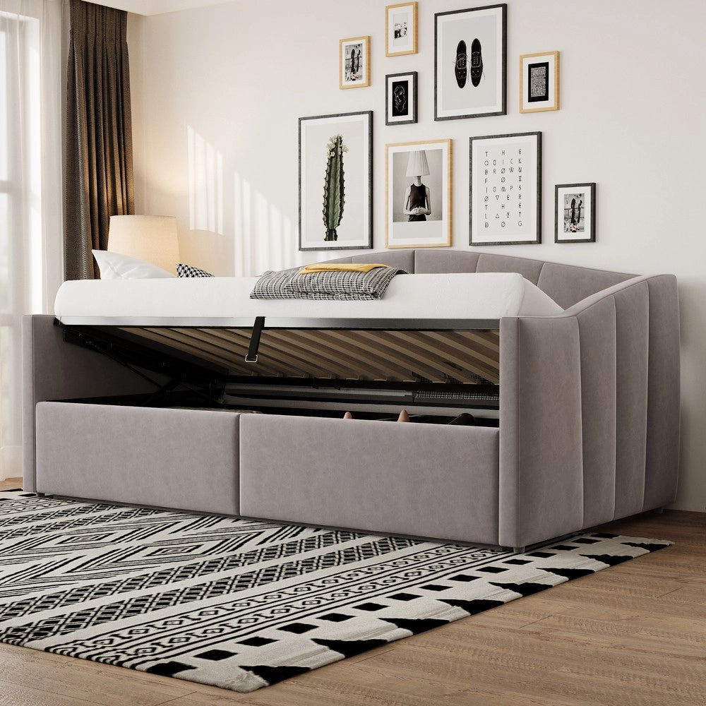Letto Imbottito Singolo con Contenitore ¨C Xylo ¨C Velluto Grigio Chiaro, 90x200, Rete a Doghe