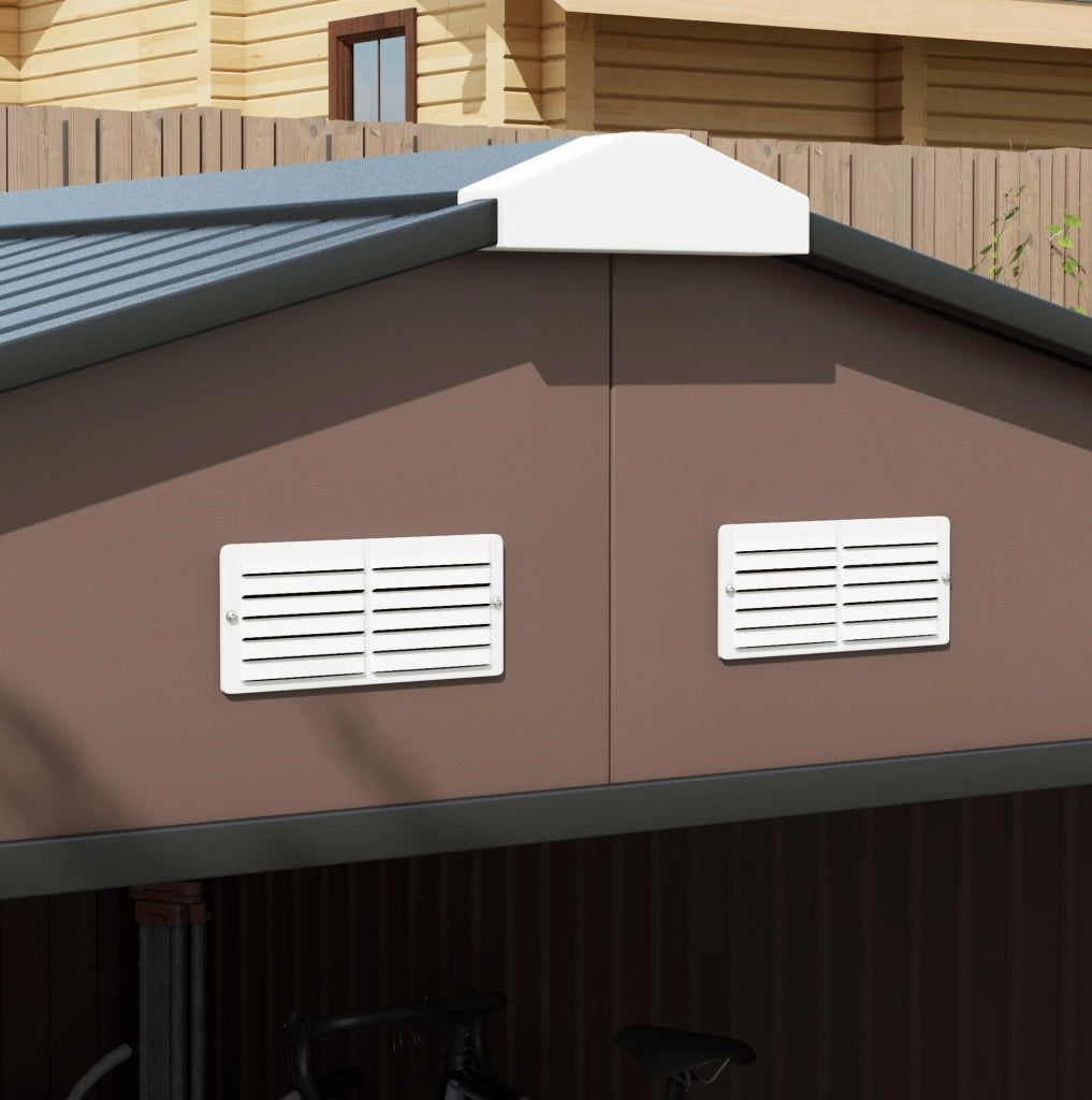 Capanno da Giardino 12,4 m² con Tetto a Padiglione e Porte Scorrevoli, Struttura in Acciaio Zincato, Dimensioni 340x386x200 cm, Marrone