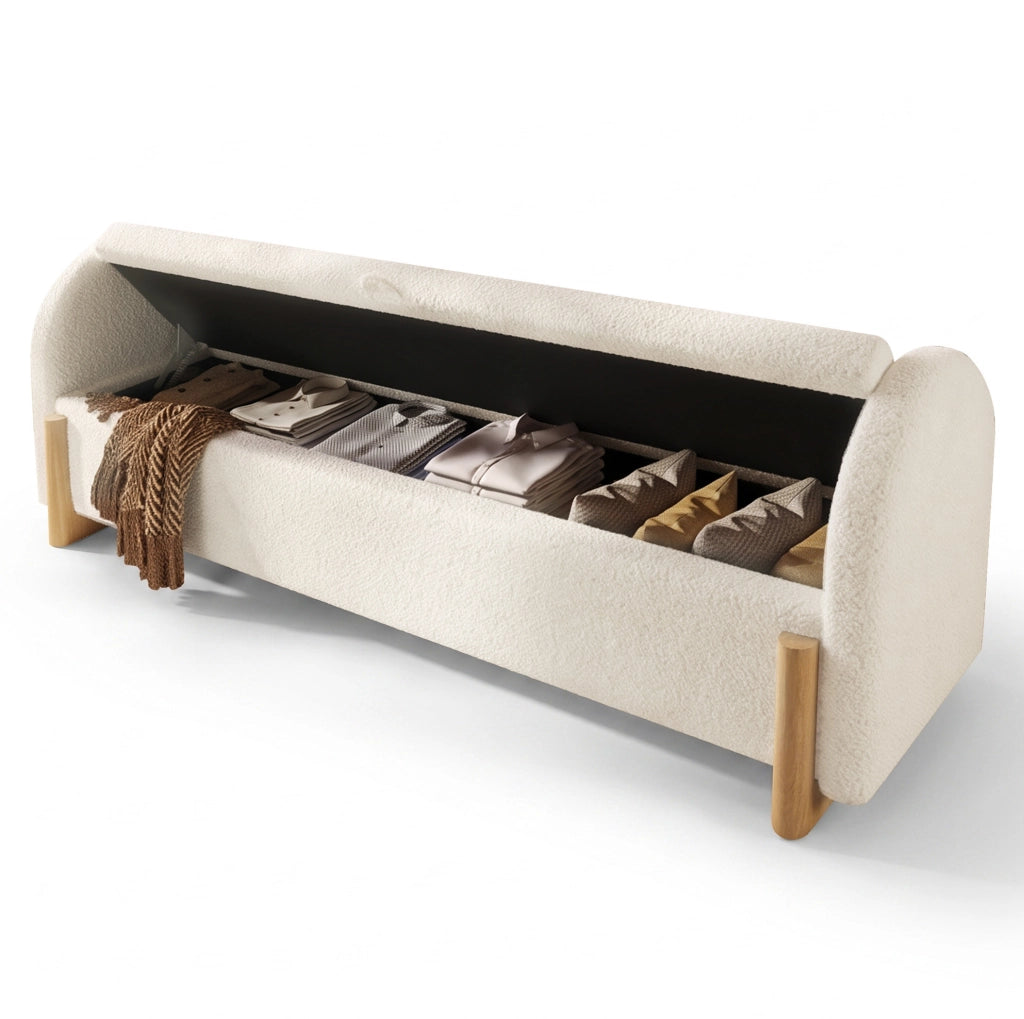 Panca contenitore 146x47x61 cm in boucl¨¦ con MDF e legno massello, bianca