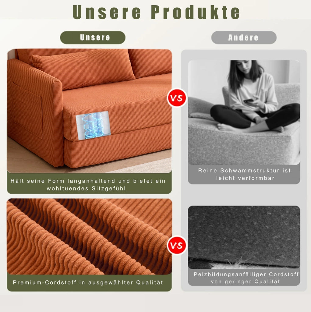 Divano letto 2 posti in tessuto di cotone, arancione, con due cuscini lombari e tasche portaoggetti, dimensioni 165x92x82 cm