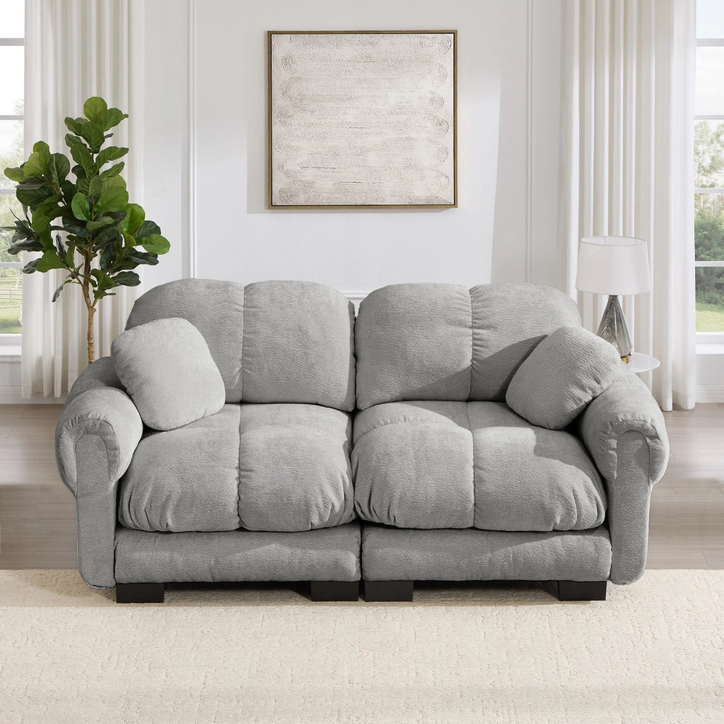 Divano modulare in ciniglia grigio chiaro con cuscini trapuntati e schienale curvo 190 × 86 × 90 cm