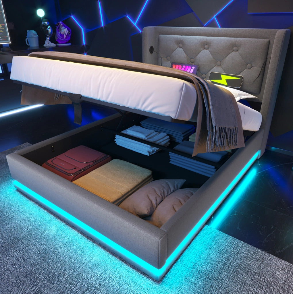 Letto contenitore 90 × 200 cm in cotone grigio con LED; USB e Type-C