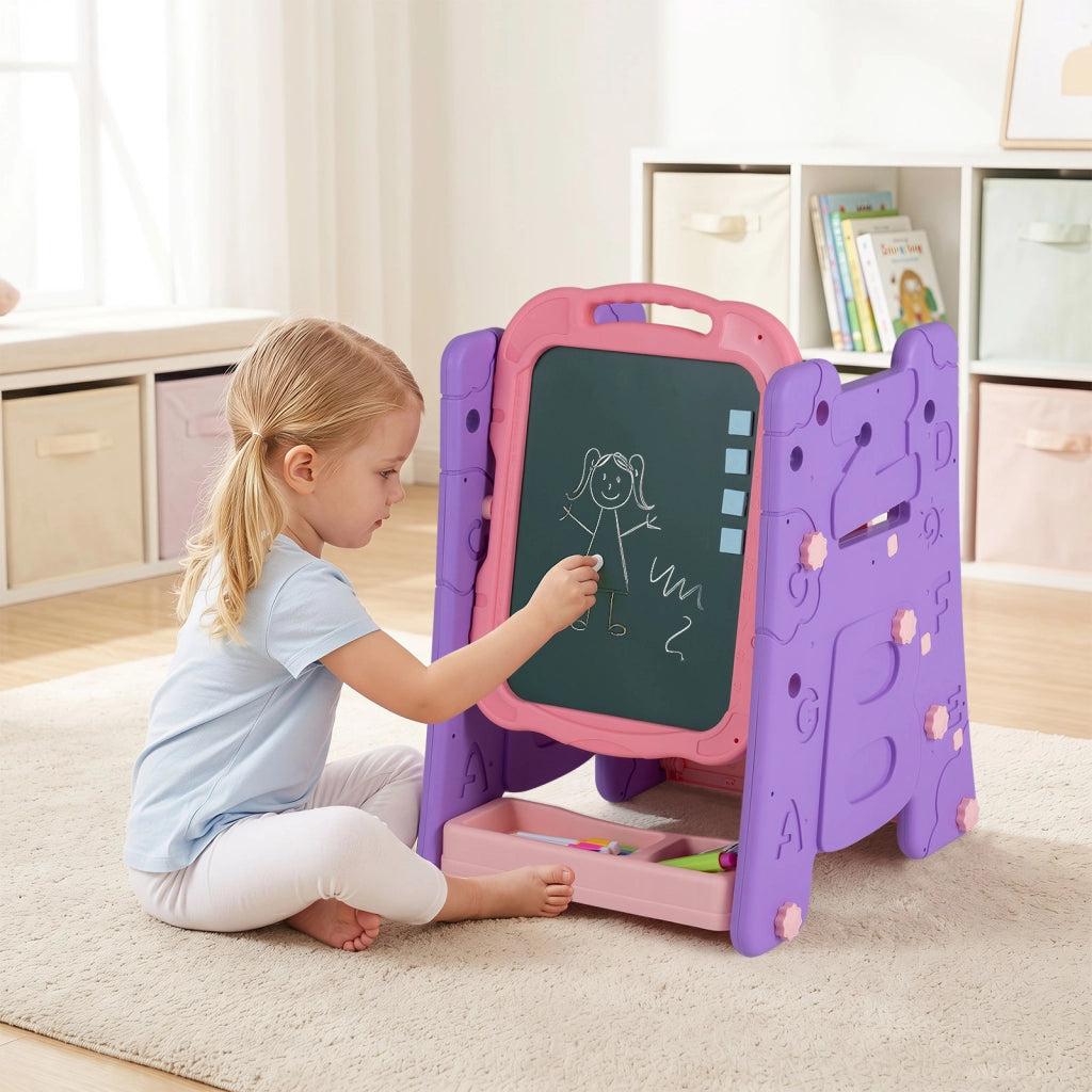 Cavalletto per bambini 3 in 1 con lavagna bifacciale e libreria, Cavalletto per disegno con altezza regolabile Rosa