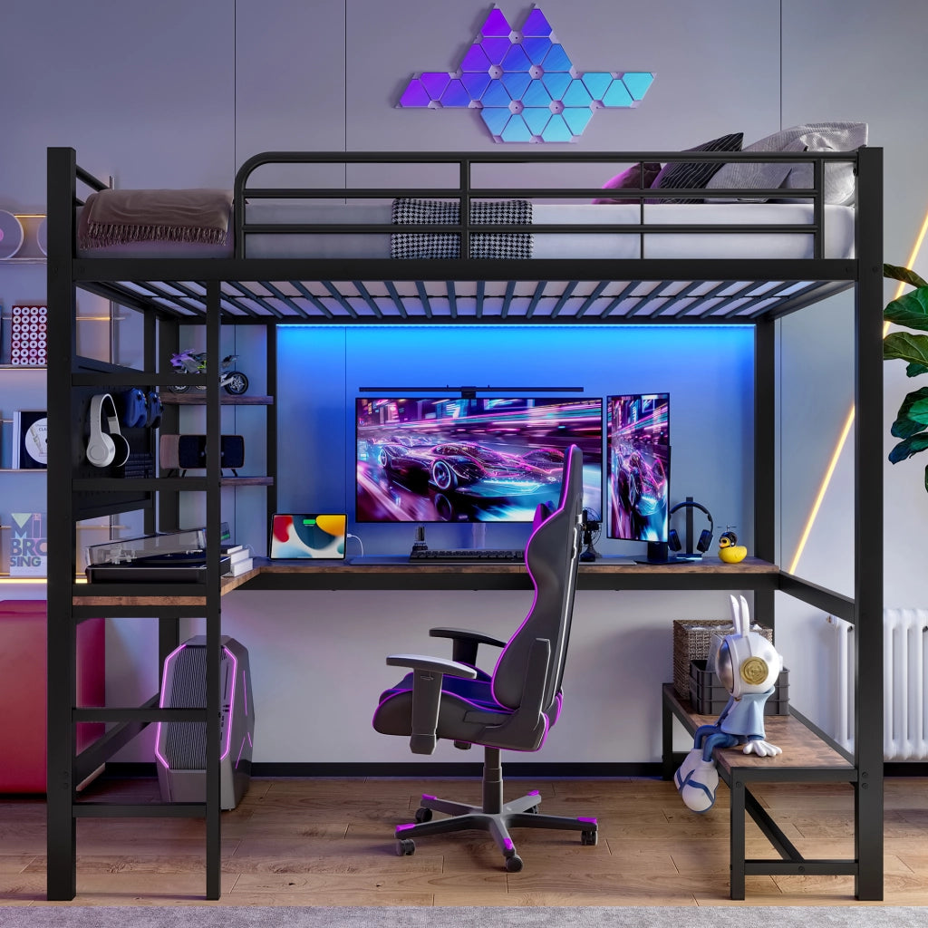 Letto a soppalco 90 × 200 cm con scrivania ripiani LED USB Type-C scala e barriera in metallo e MDF nero