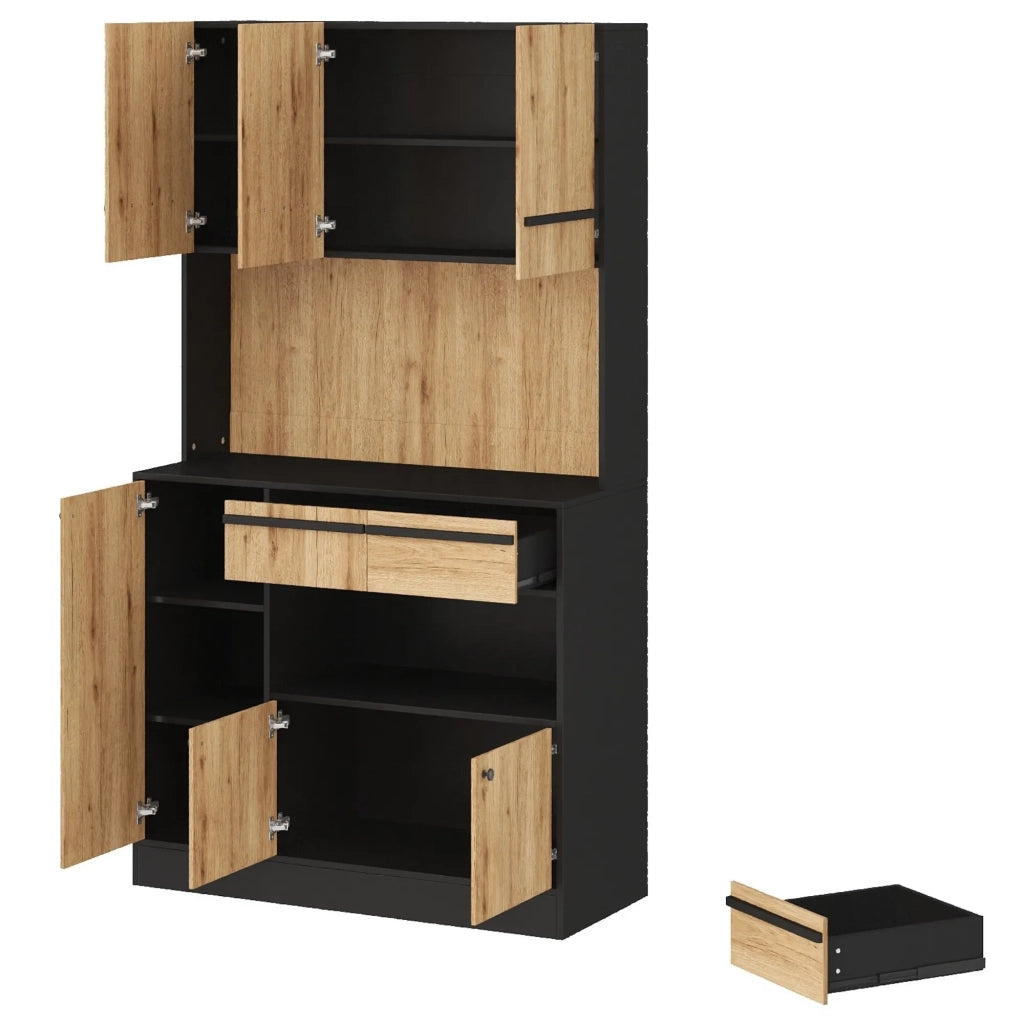 Armadio da cucina alto con illuminazione LED, 2 cassetti e ripiani regolabili, vetrina per soggiorno e sala da pranzo, 100x40x180 cm