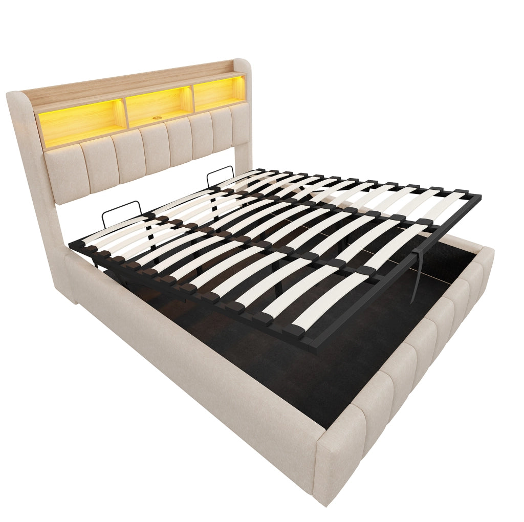Letto imbottito 180x200 cm con LED e contenitore; lino; beige