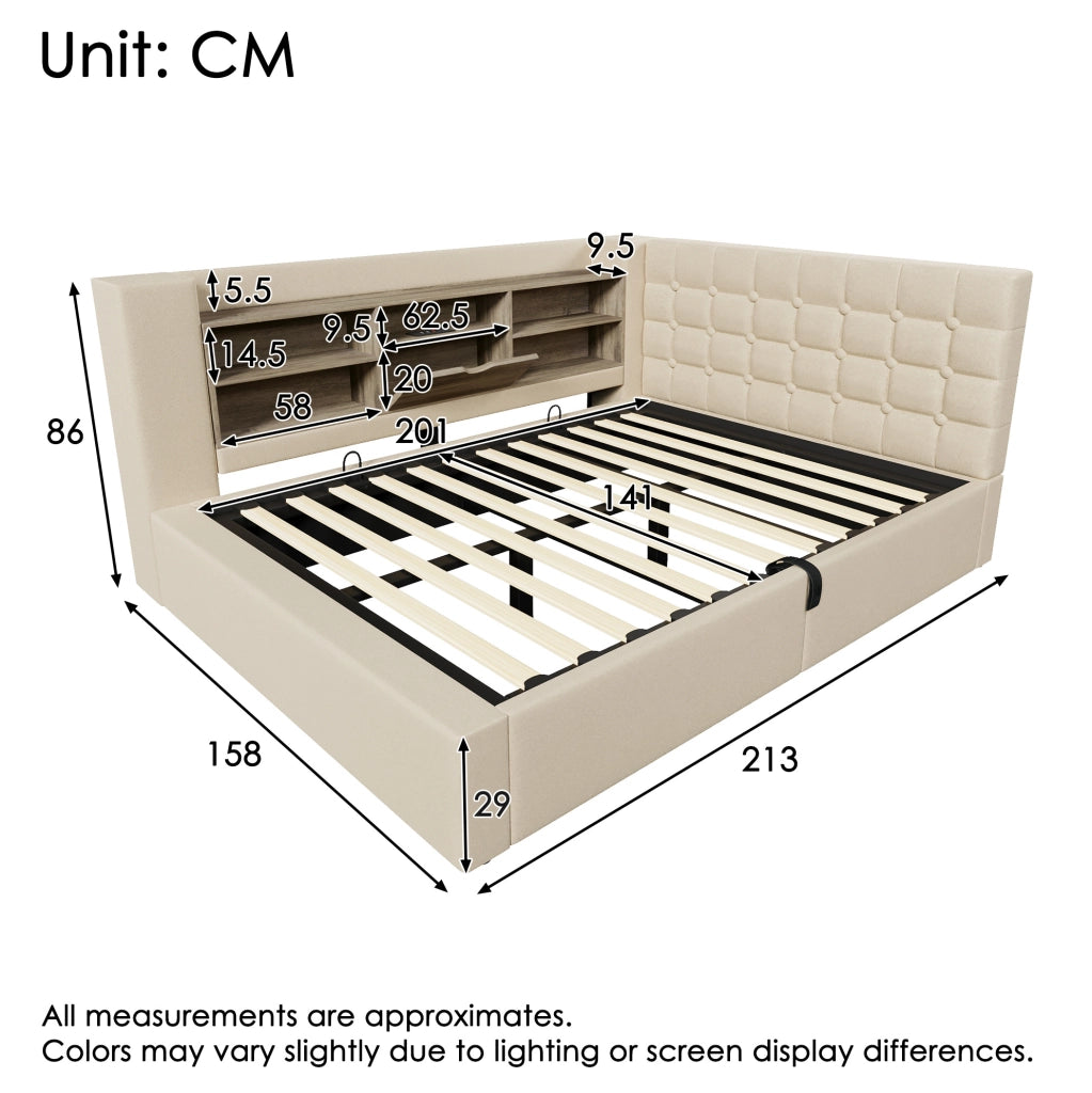 Letto imbottito 140x200 cm beige con materasso, LED, USB e contenitore