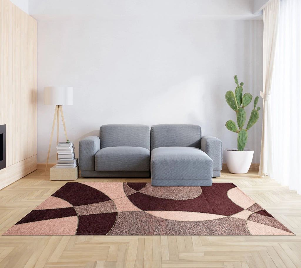 Tappeto Arredo Moderno Morbido in Ciniglia Ingresso Antiscivolo Prodotto Italiano  Soggiorno Camera Salotto Disegni Piazzati Cotone Varie Misure Grande Hills/Vino - 140x200 cm
