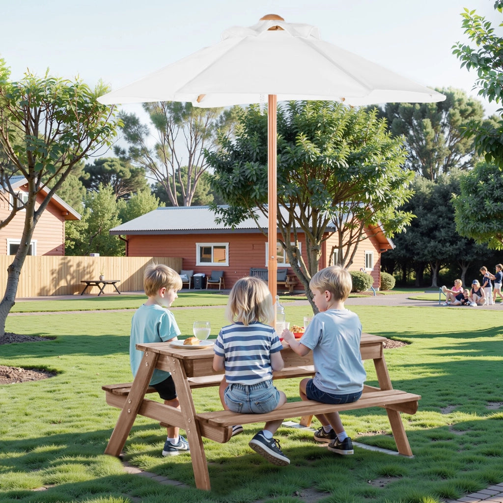 Tavolo da Picnic con Ombrellone in Legno di Abete, Noce, per Giardino e Esterni, 4 Posti, 2 Vassoi, 890 x 800 x 510 mm