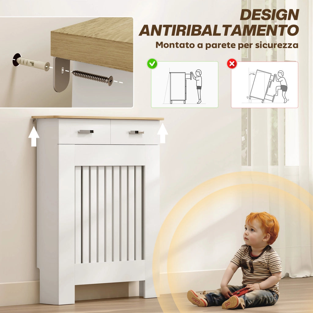 Copritermosifone a Doghe 78x19x97 cm Antiribaltamento con Cassetto in Legno Bianco