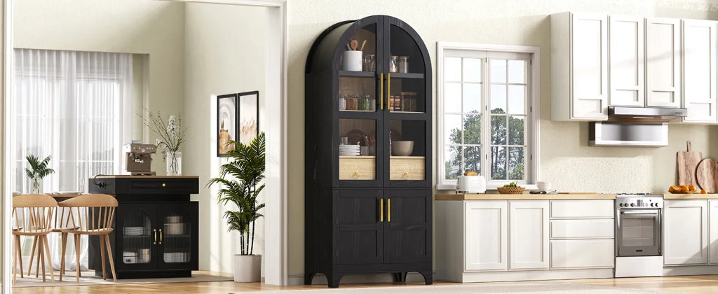 Highboard nero con ripiani regolabili, cassetto e ante in vetro rigato, ampio spazio contenitore per cucina, sala da pranzo e soggiorno