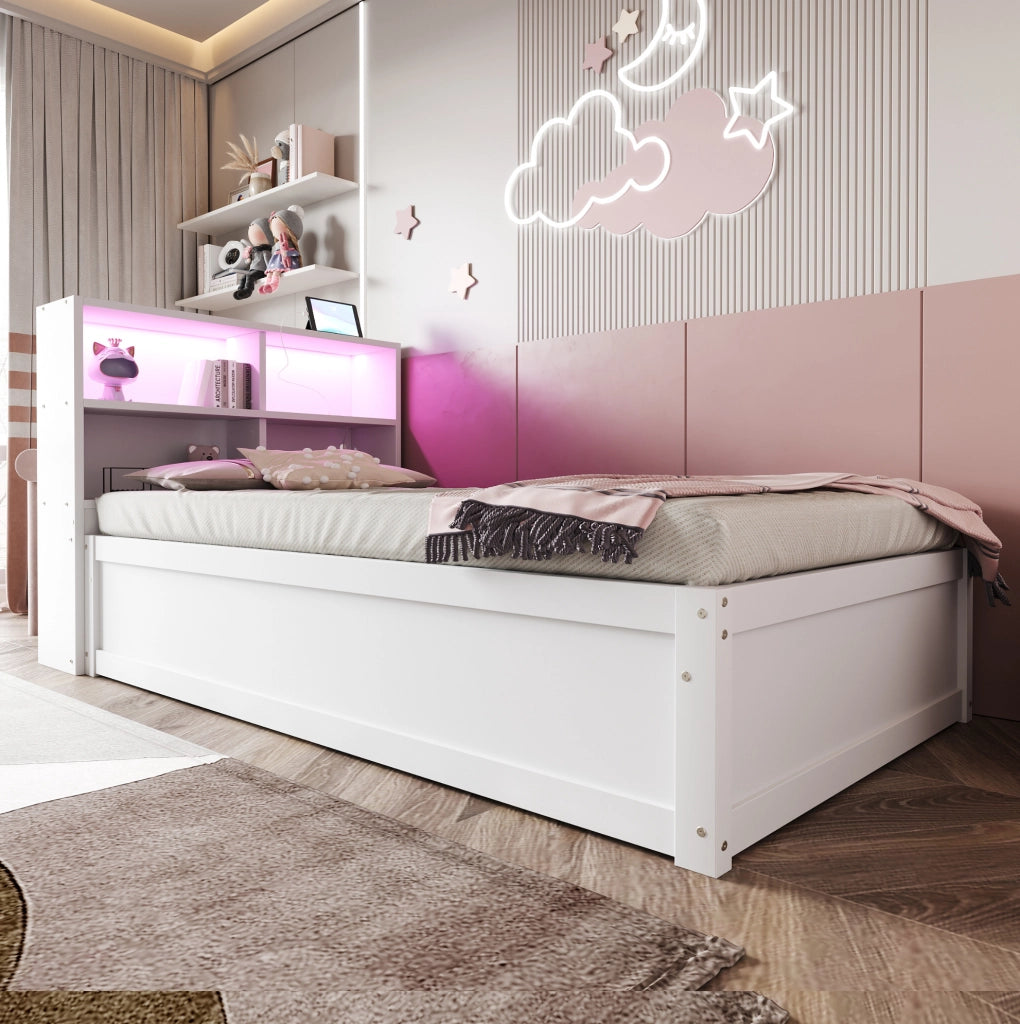 Letto singolo multifunzione 90x200 cm in legno bianco con LED, presa e 4 vani