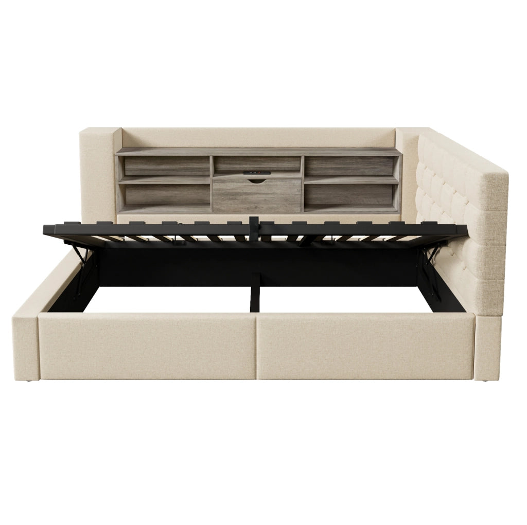 Letto Singolo 90x190 cm con LED, Spazio di Stoccaggio Idraulico e Testiera L-Forma Rivestita in Lino Beige, Montaggio Laterale Flessibile, Senza Materasso