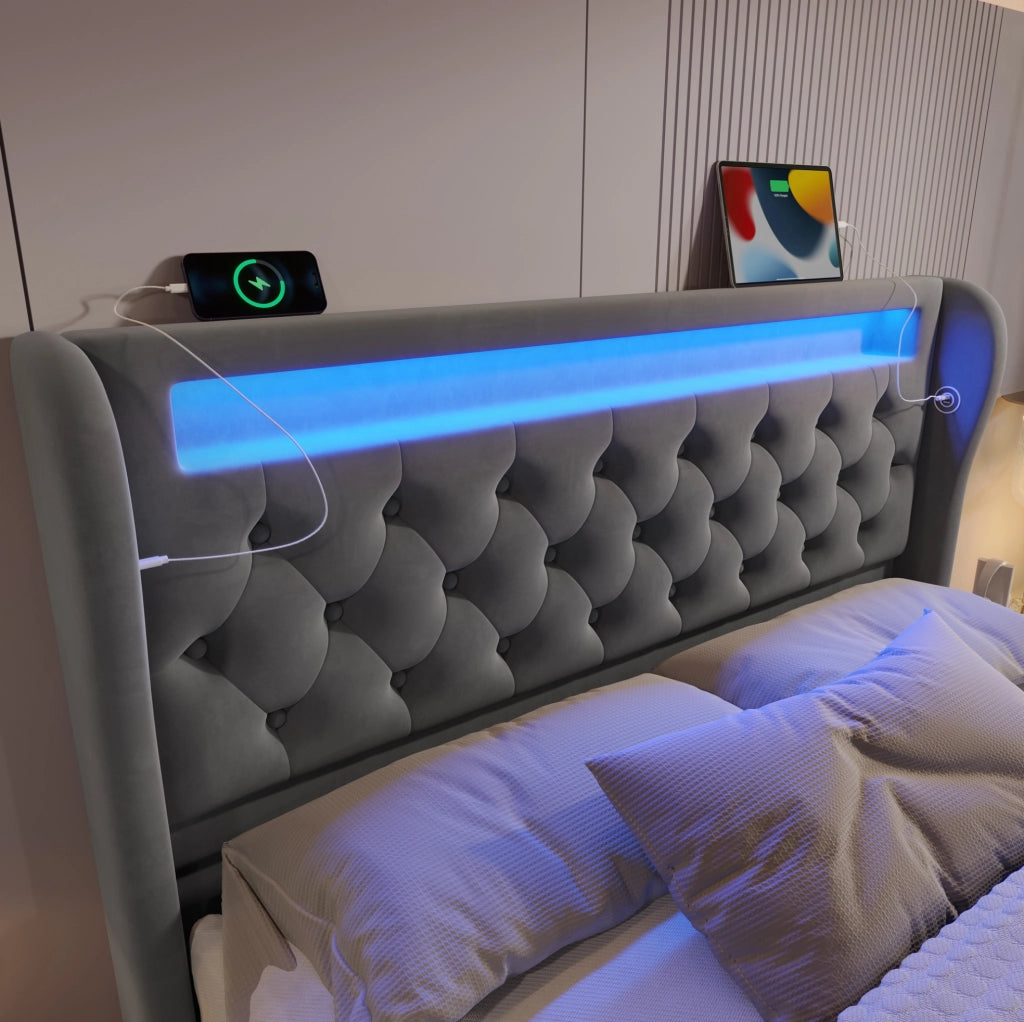 Letto 140x190 cm con contenitore idraulico, LED, USB e USB-C in velluto grigio