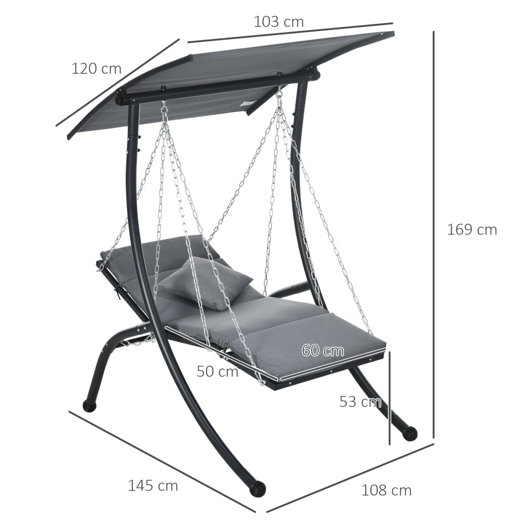 Dondolo da giardino in acciaio grigio scuro con cuscini, tetto regolabile e funzione letto relax