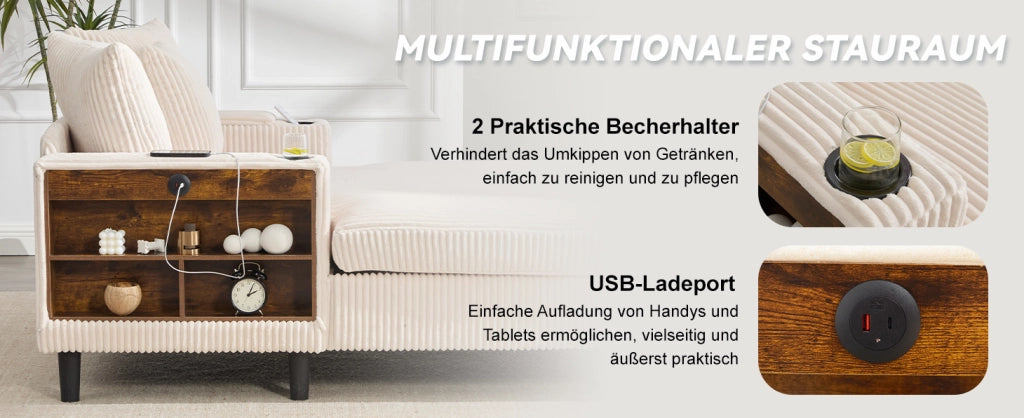 Chaiselongue multifunzione in velluto a coste con ampia zona letto, portabicchieri laterali e illuminazione LED
