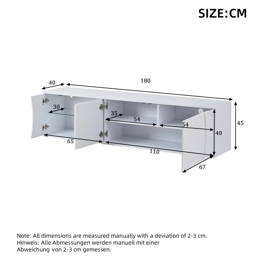 Mobile TV bianco lucido 180 cm con LED, 3 ante e ripiani in vetro