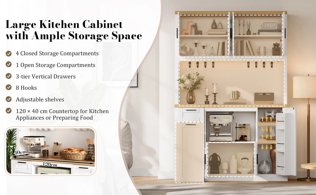 Mobile da cucina con cassetti su tre livelli e ripiani regolabili con LED e prese in MDF bianco e naturale