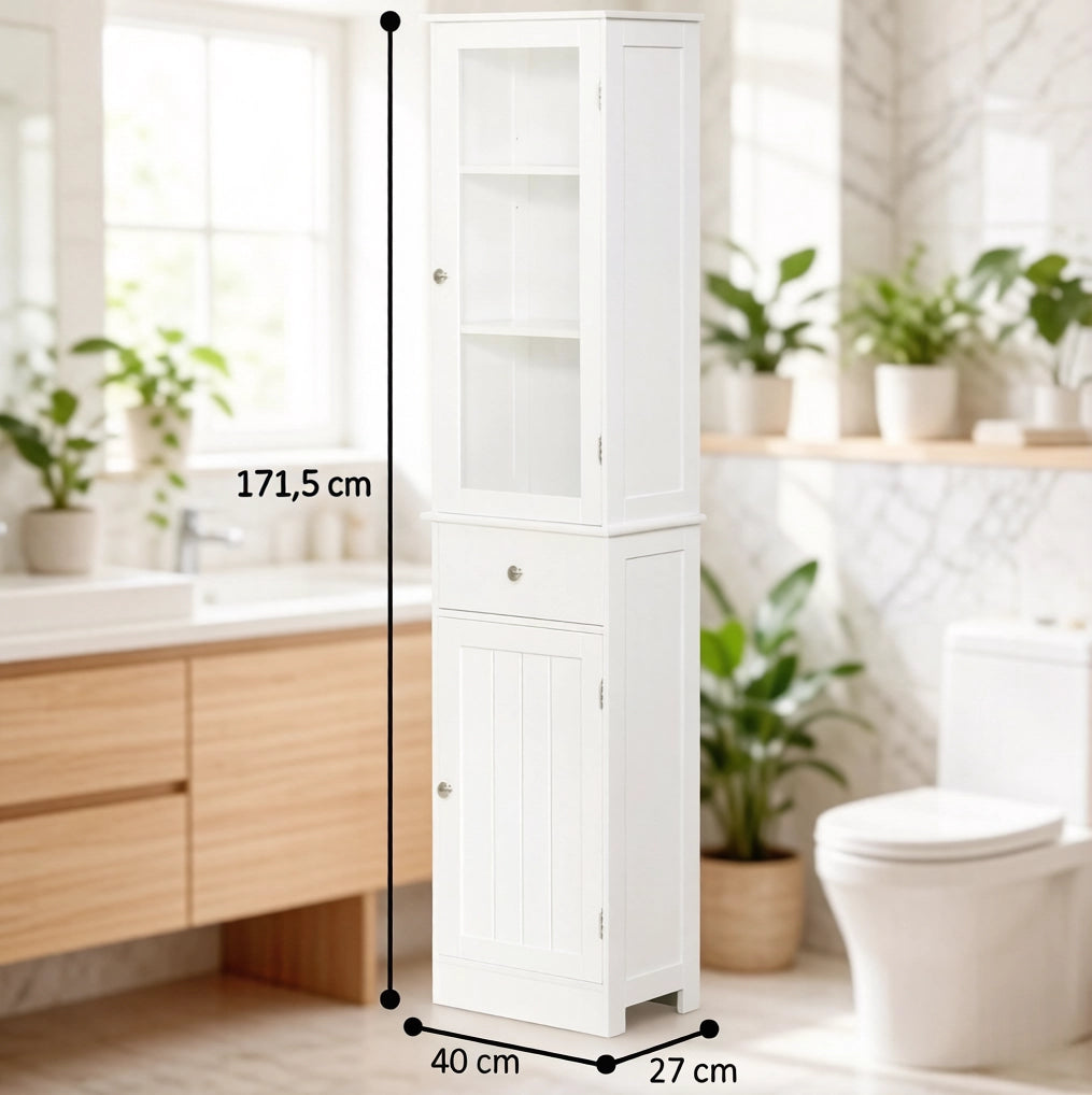 Mobiletto alto da bagno bianco in MDF con ante acriliche e cassetto