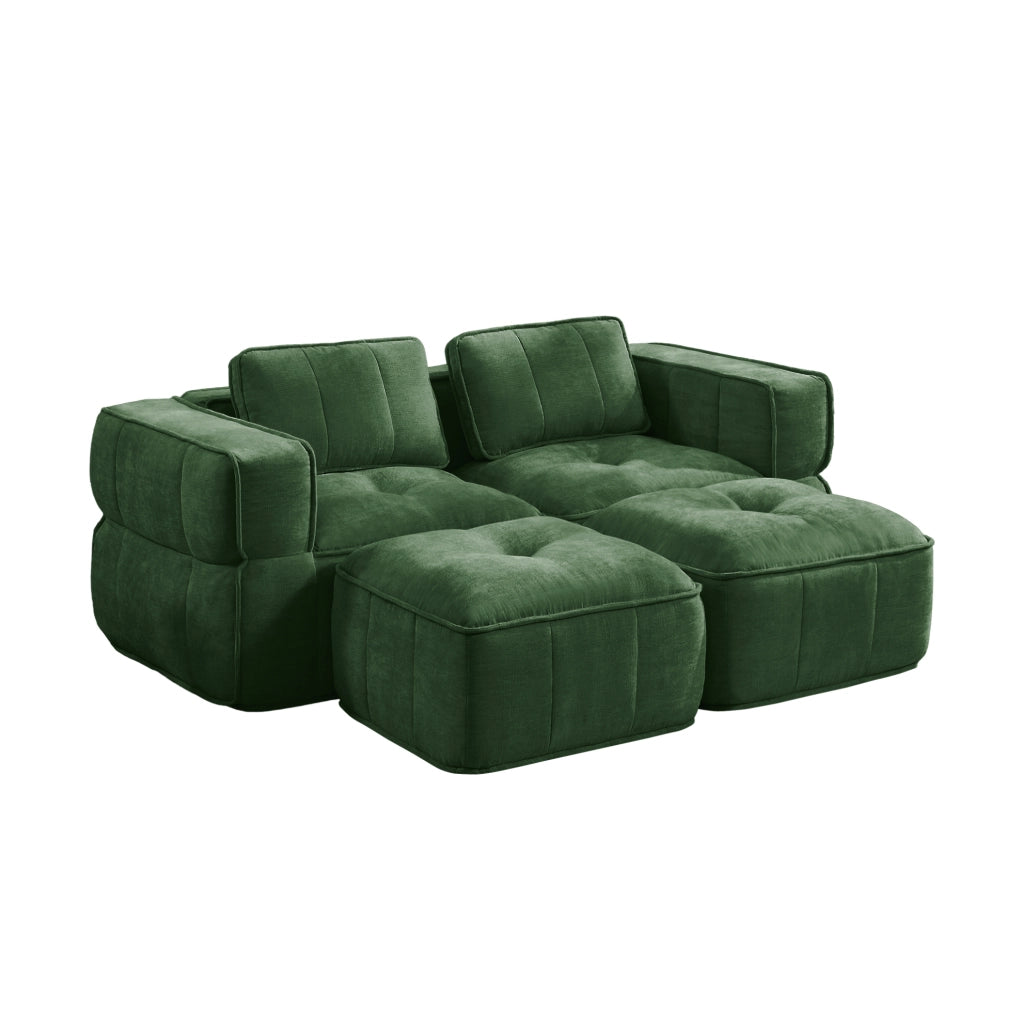 Divano modulare verde 198x162x67 cm in poliestere con 2 pouf