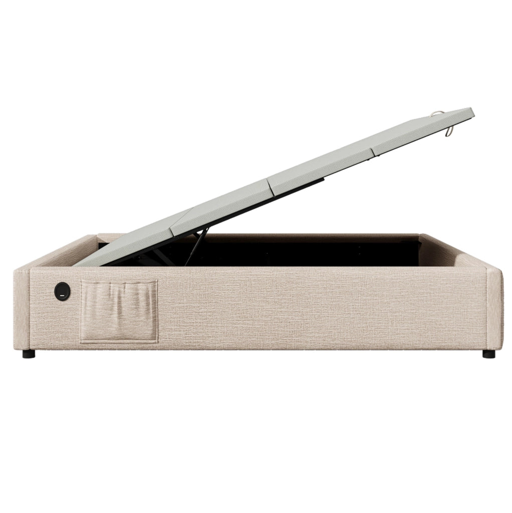 Letto matrimoniale contenitore 160x200 cm senza testiera in lino beige e naturale con USB-C HOMVRA