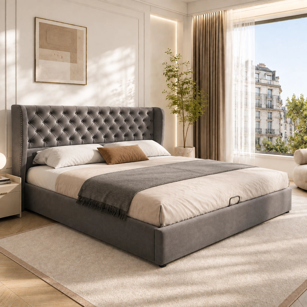 Letto imbottito matrimoniale a orecchio 160x200 cm in velluto con bottoni, sollevamento idraulico, rete a doghe e contenitore - Grigio