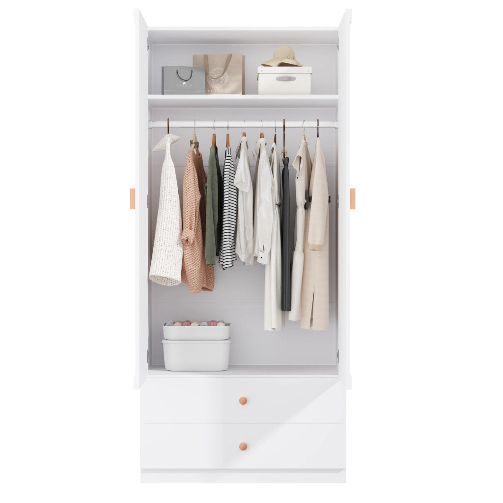 Armadio 2 ante 90x45x200 cm bianco con 2 cassetti e asta appendiabiti HAVRYA