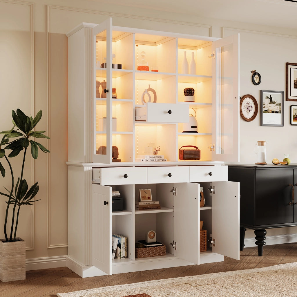 Vetrina con 5 ante; 4 cassetti e 21 vani con LED per soggiorno e sala da pranzo; in MDF bianco; 119.5×40×180 cm
