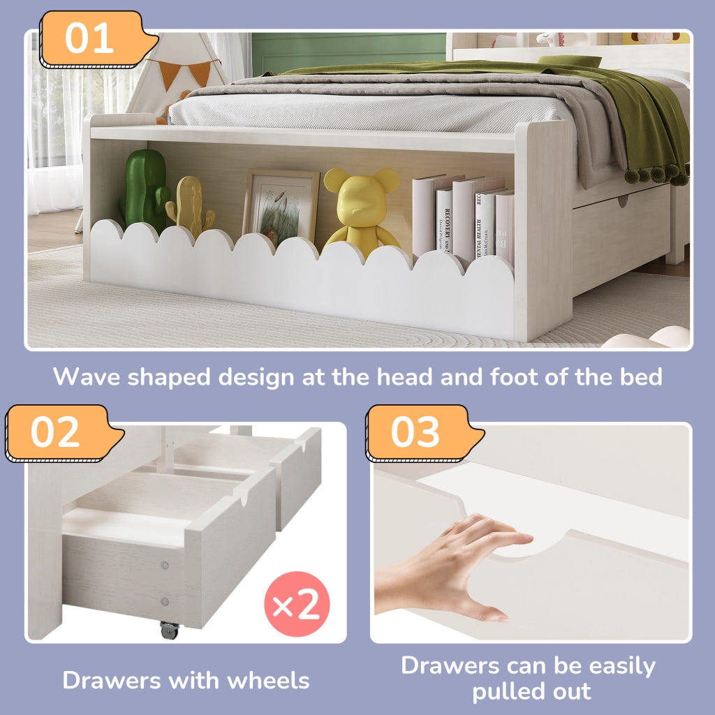 Letto con cassetti 90 × 190 cm con ripiani panca contenitore rete a doghe in legno MDF bianco rovere chiaro