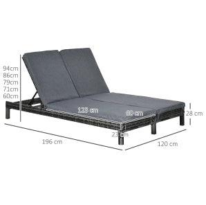 Sdraio da giardino in polyrattan per 2 persone con schienale regolabile a 5 posizioni, struttura in metallo 196x120x28 cm