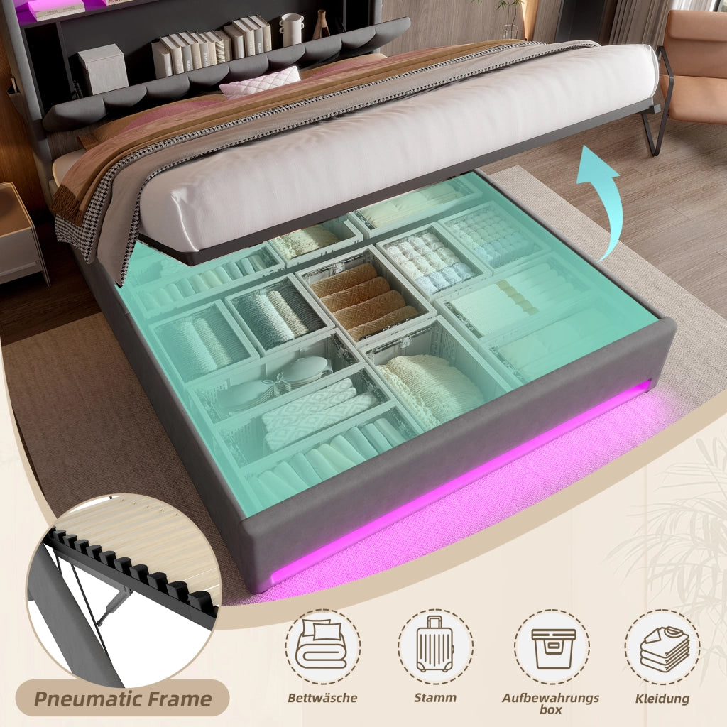 Letto matrimoniale contenitore 140 × 200 cm con LED USB e Type-C in velluto grigio scuro con testiera