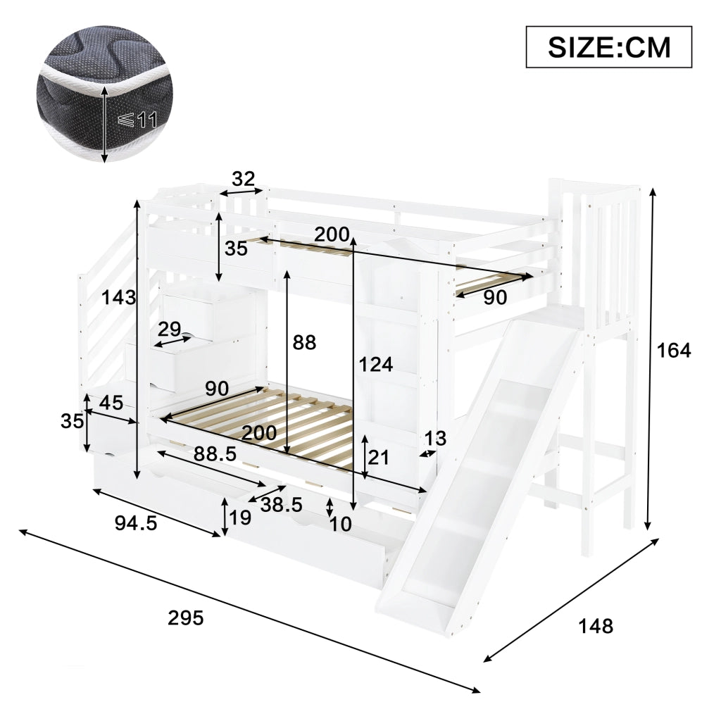 Letto a castello per bambini 90 × 200 cm con scivolo, 2 cassetti, libreria e scala contenitore, senza materasso