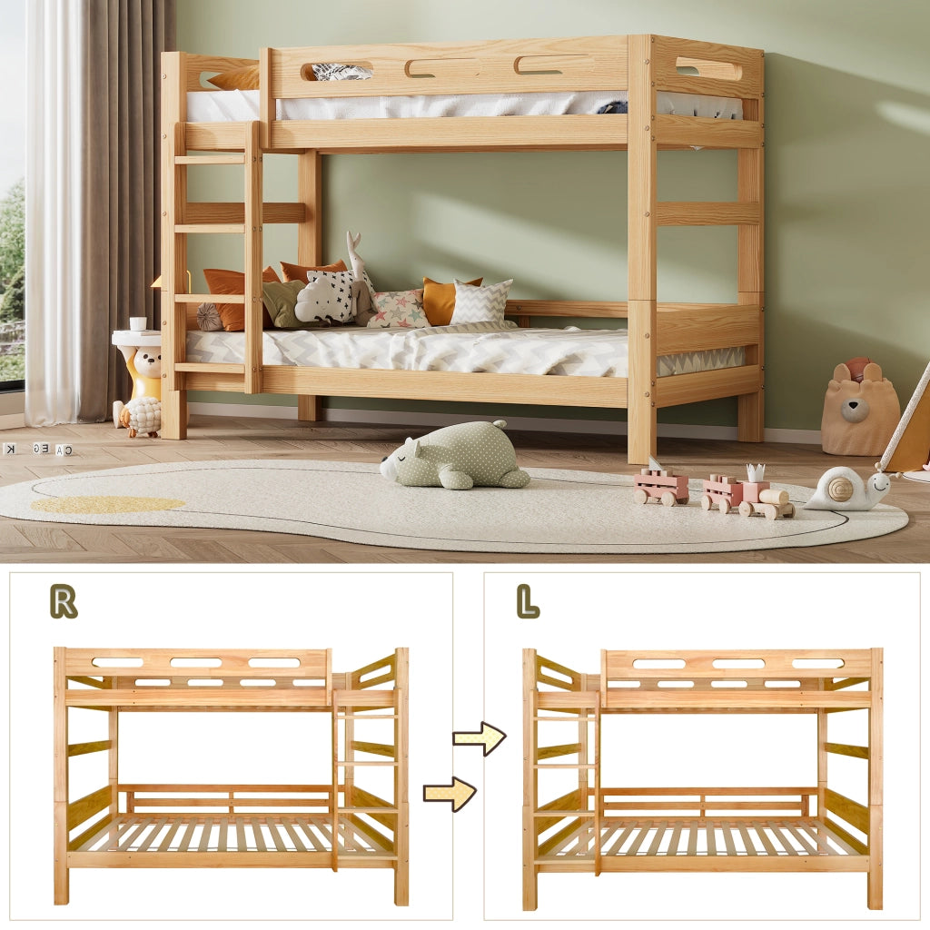 Letto a castello 2 posti per bambini 90×200 cm, divisibile in due singoli, senza materasso, pino naturale