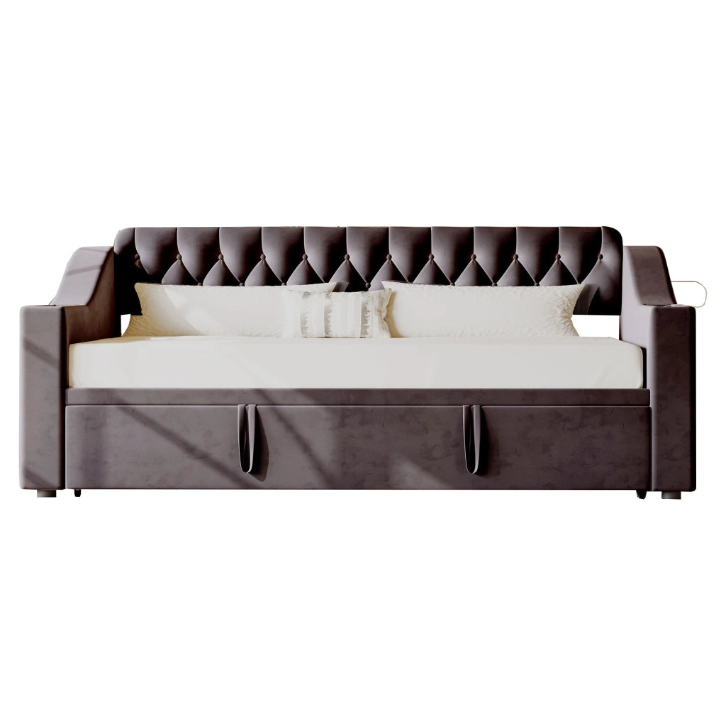 Letto divano estraibile 90 × 190 e 180 × 190 cm 1/2 posti; USB; porta tipo C e vani; senza materasso; grigio