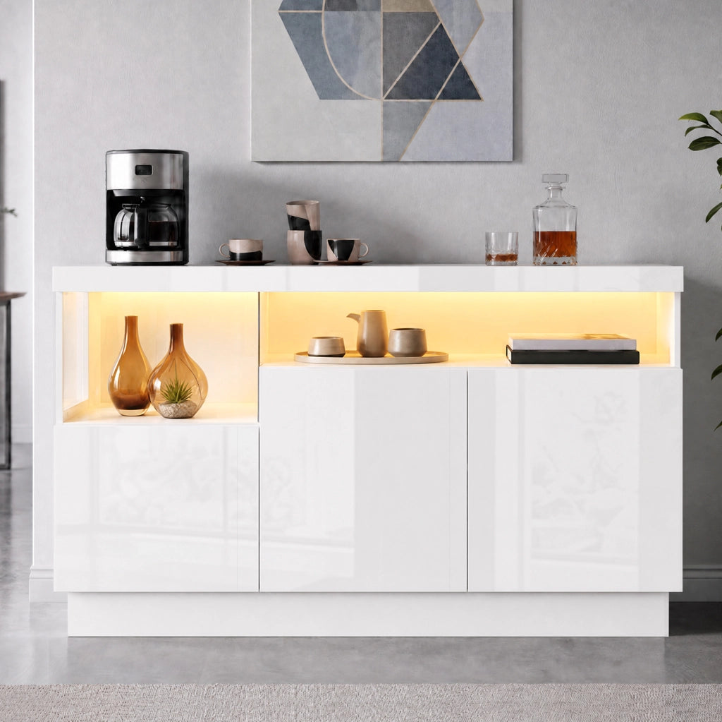 Credenza bianca 140 cm con LED controllati via app e vano acrilico