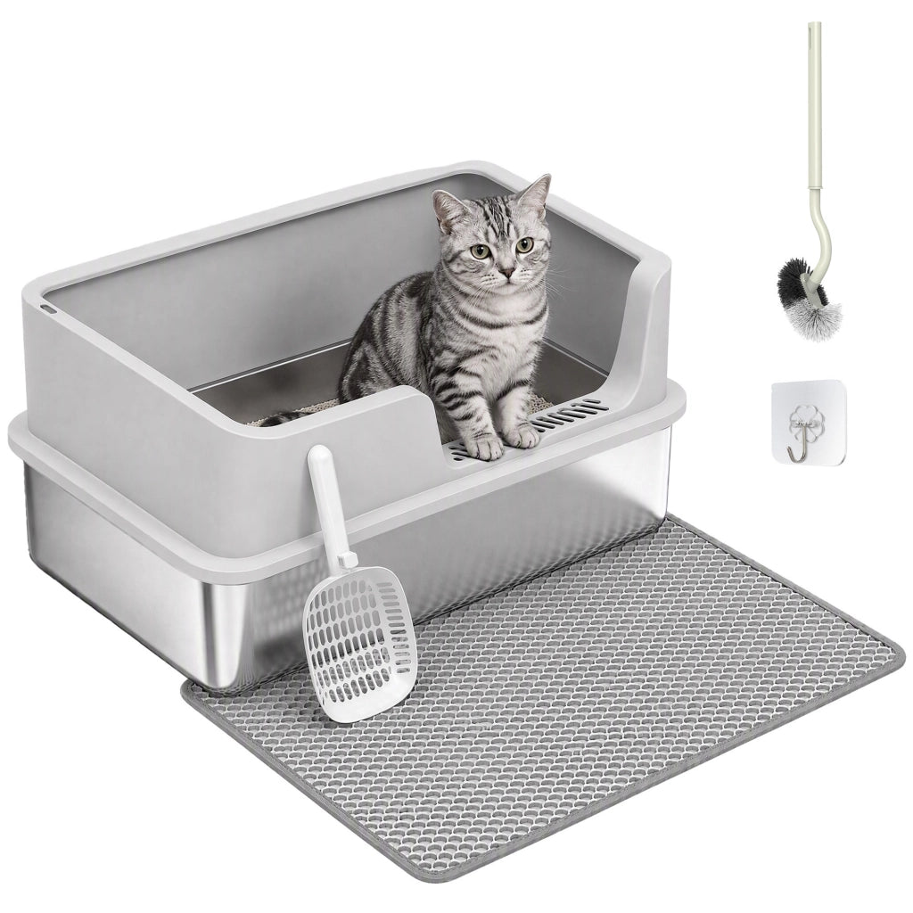 Bac Litière pour Chat en INOX XL Couvercle Bords Hauts Pelle Tapis