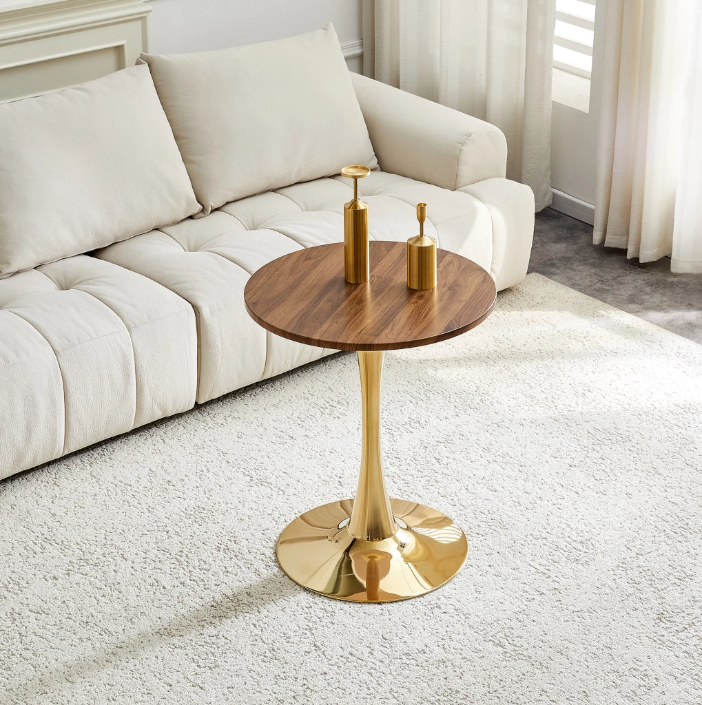 Tavolo rotondo Mid-Century in MDF e metallo; altezza 72 cm; Gold/Walnut