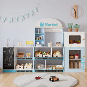 Negozio giocattolo multifunzionale per bambini con scaffali e lavagna; blu