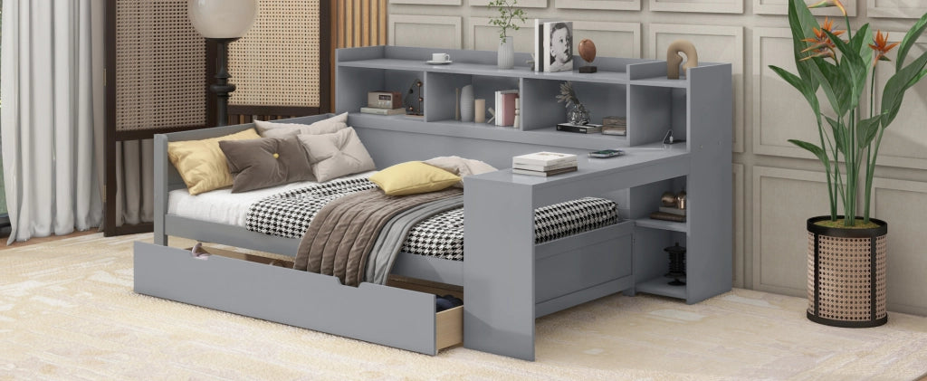 Letto Daybed 90x200 cm con 2 Cassetti, Porta USB e Presa, Scrivania Incorporata, Spagna e MDF, Grigio