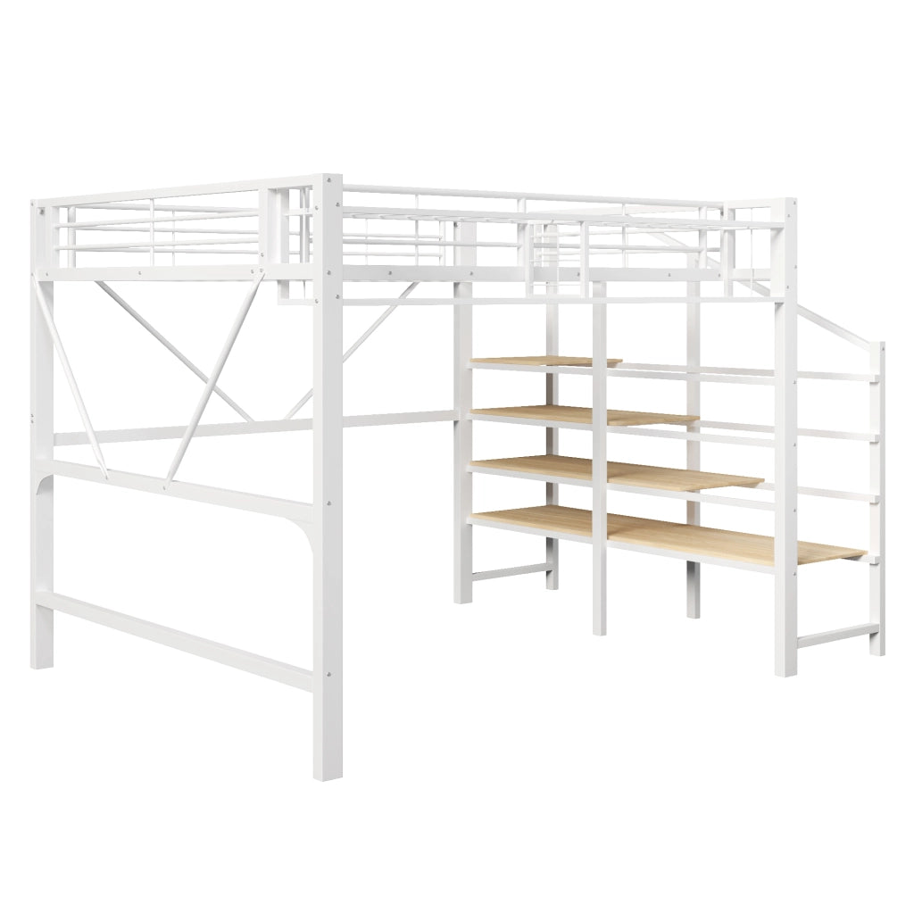 Hochbett 140x200 cm in metallo e MDF, con scala a ripiani, rete a griglia, contenitore e LED, bianco