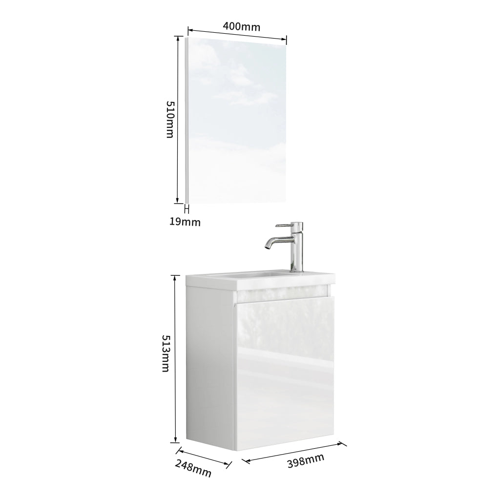 Mobile bagno sospeso 40 cm bianco lucido con lavabo in ceramica e specchio, design senza maniglie, cerniere ammortizzate, salvaspazio, completamente preassemblato